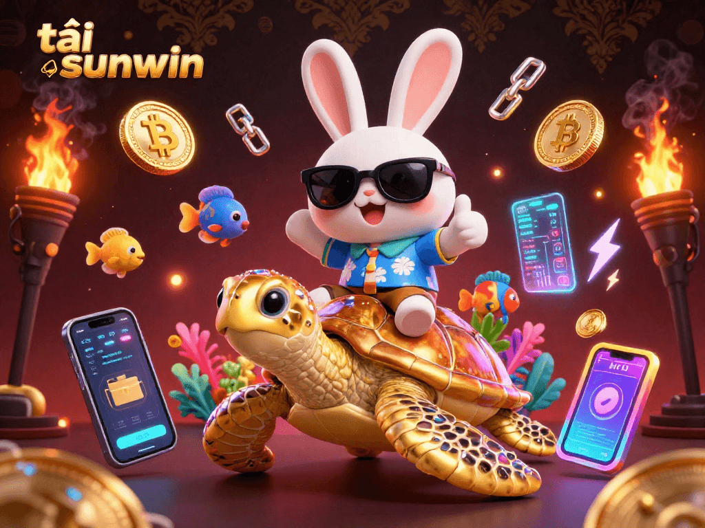 Play the exciting game at tải sunwin with a cartoon lucky rabbit and a golden sea turtle in a vibrant 3D casino scene.