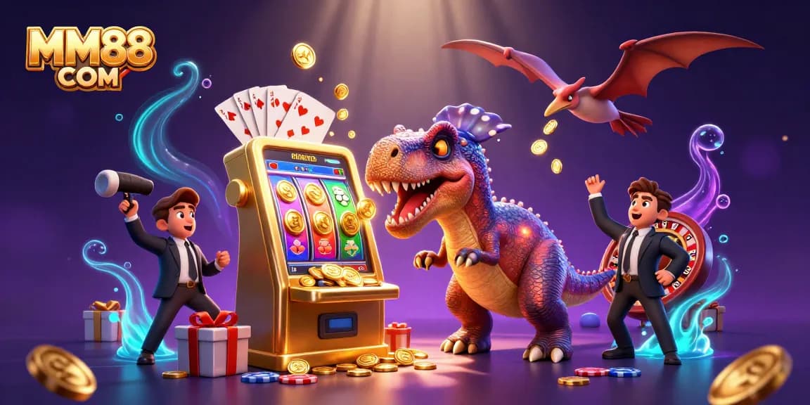 Win big with MM88 COM in this thrilling casino scene featuring animated dinosaurs and casino elements.
