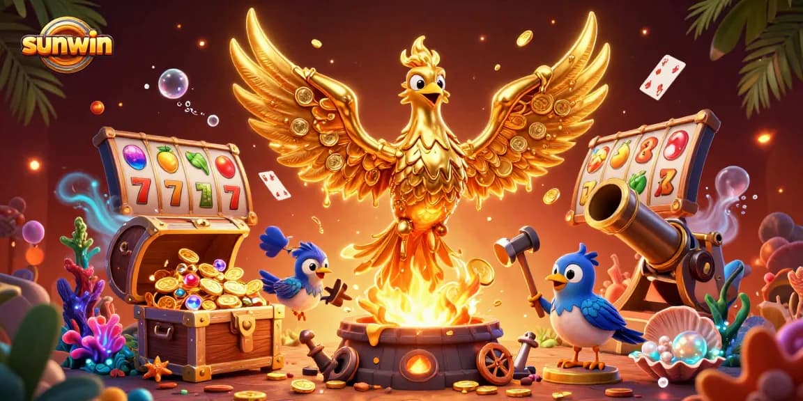Experience the thrill of sunwin with a stunning 3D illustration featuring a molten gold phoenix and slot symbols.