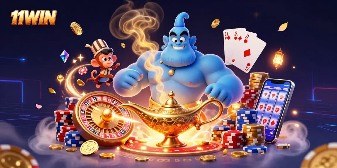 Experience thrilling gameplay with 11WIN's magical genie illustration, capturing casino excitement with poker chips and rich decorations.