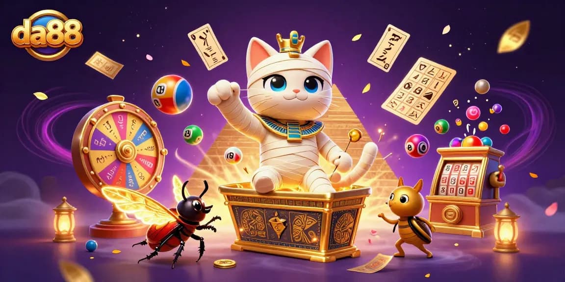 Experience the exciting world of da88 with a vibrant 3D illustration of a mummy cat and casino elements.