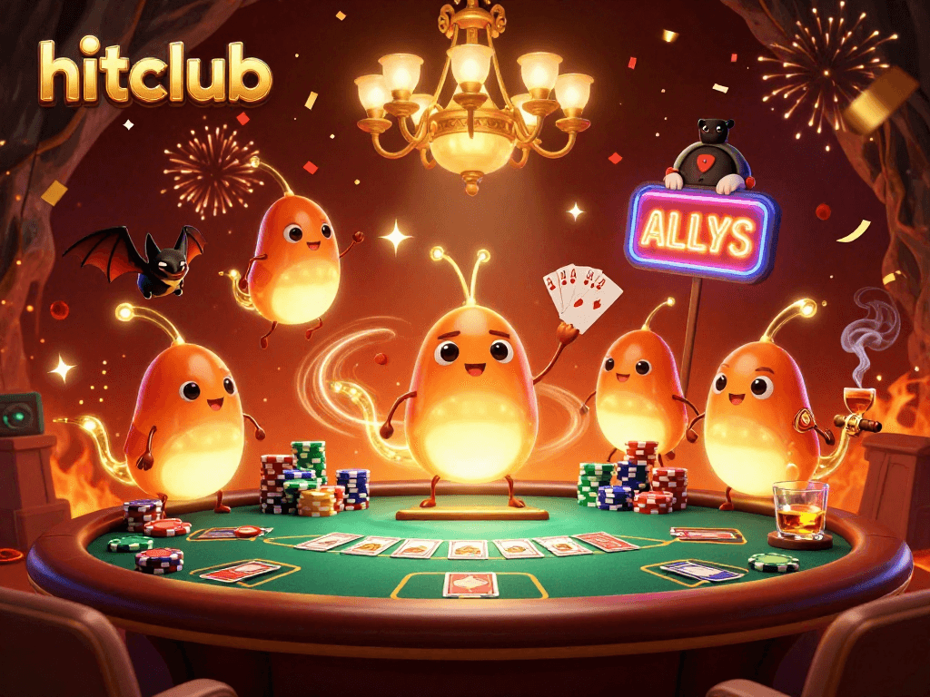 Engage with hitclub in an exciting cave casino scene featuring vibrant glowworm characters.