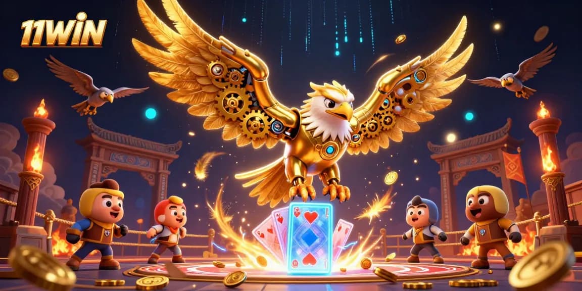 Experience the thrill of 11WIN with dynamic holographic cards and an impressive golden eagle.