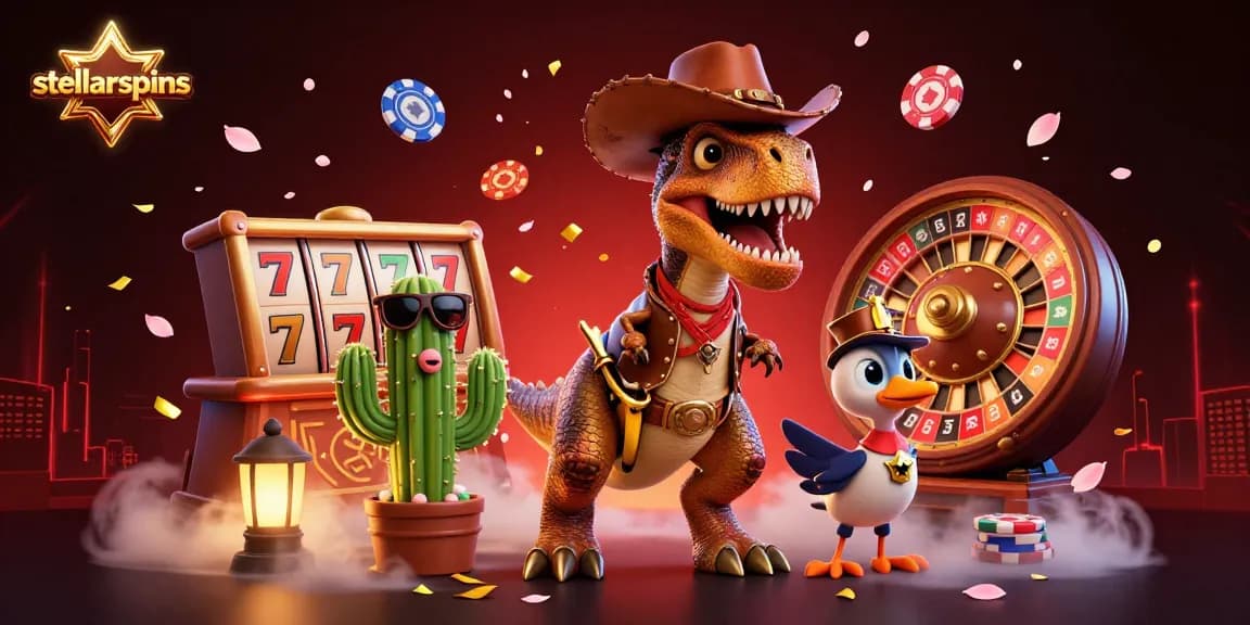 Experience stellarspins excitement with animated characters amidst slot reels and festive elements.