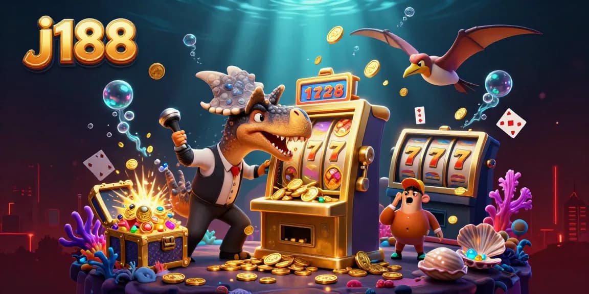 j188 casino scene with a dinosaur hitting a slot machine, vibrant colors, and exciting elements