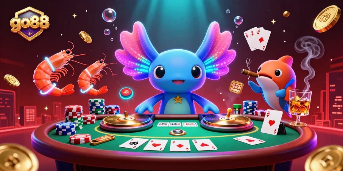 Experience the vibrant go88 casino scene with a neon DJ and poker action amidst underwater festivities.