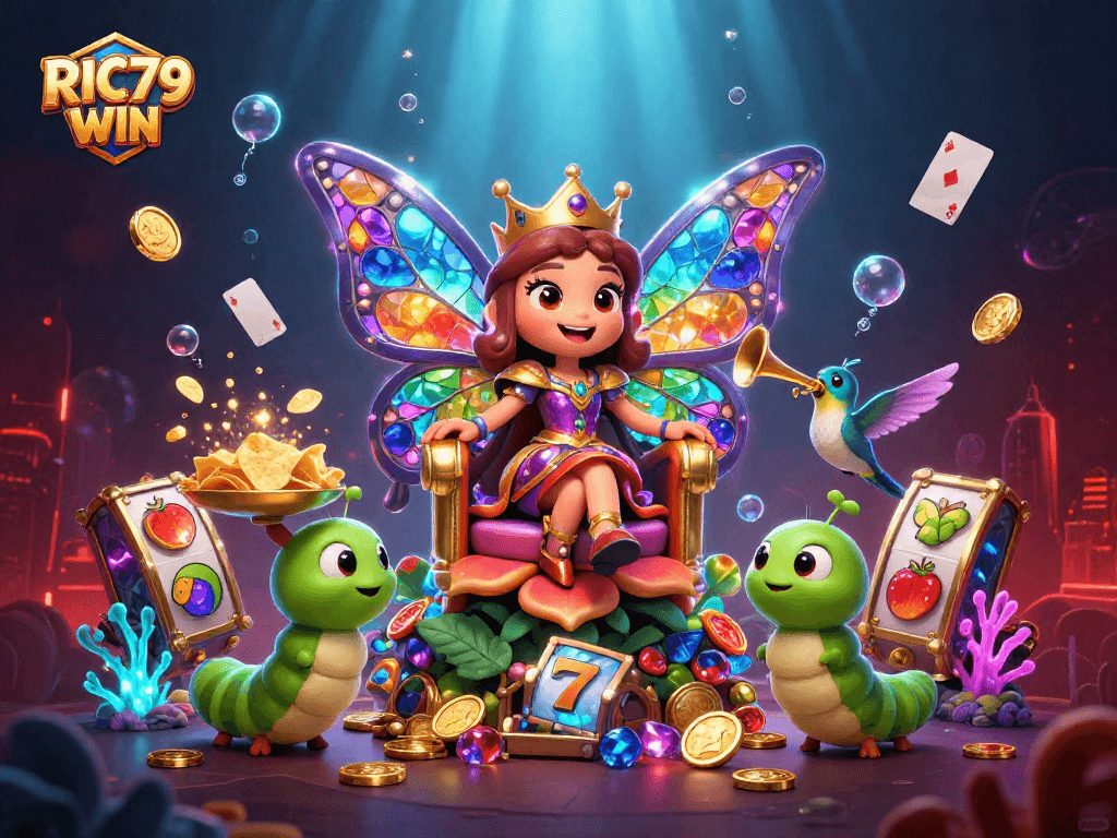 Experience RIC79 WIN with this vibrant casino illustration featuring a butterfly queen and slot reels.