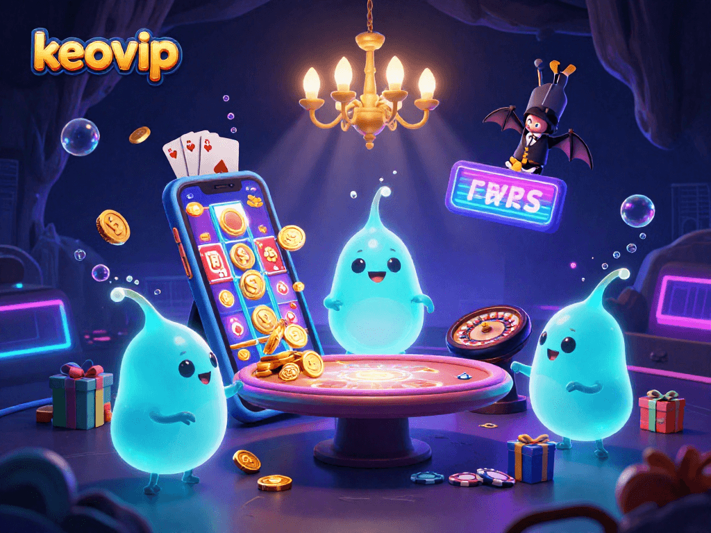 Engage with keovip's exciting cave casino scene featuring glowworms, a bat dealer, and slot games.