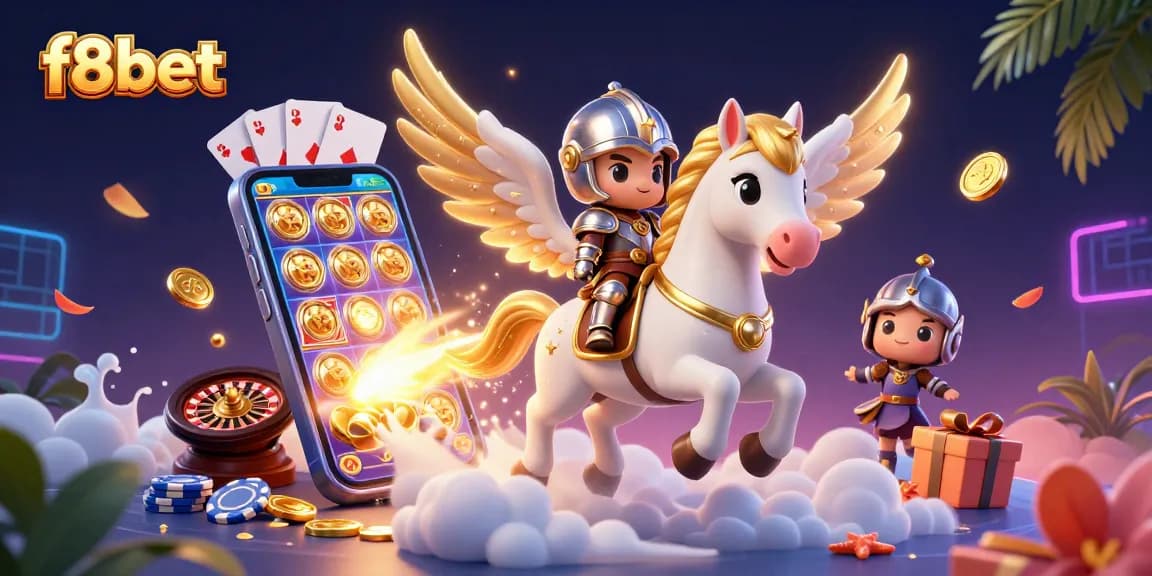 Win with f8bet's vibrant slots while a knight rides a magical horse through a gaming adventure.