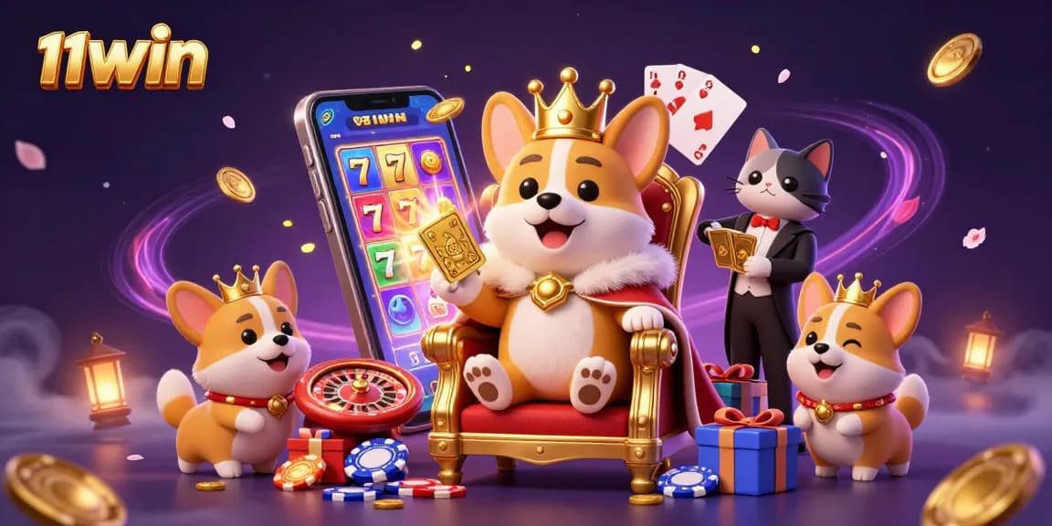 Experience excitement with the 11WIN royal corgi, vibrant slot games, and captivating casino elements.
