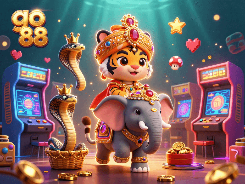 Experience the excitement of go 88 with dazzling characters and gaming machines in this vibrant casino scene.