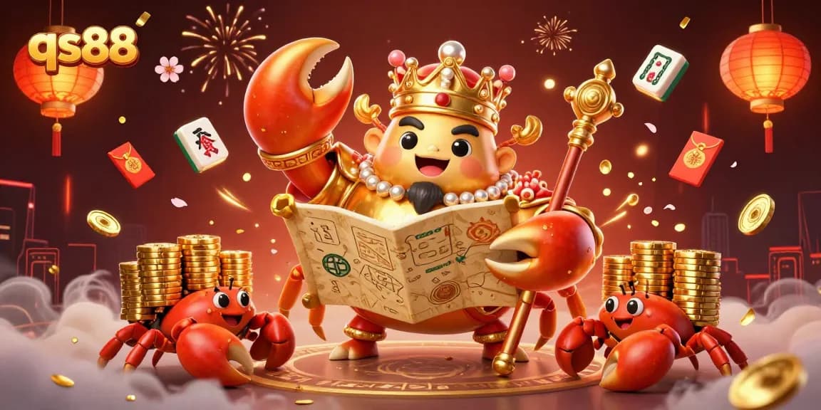 Engage with qs88's vibrant 3D casino world, featuring a golden crab emperor and lavish game elements.