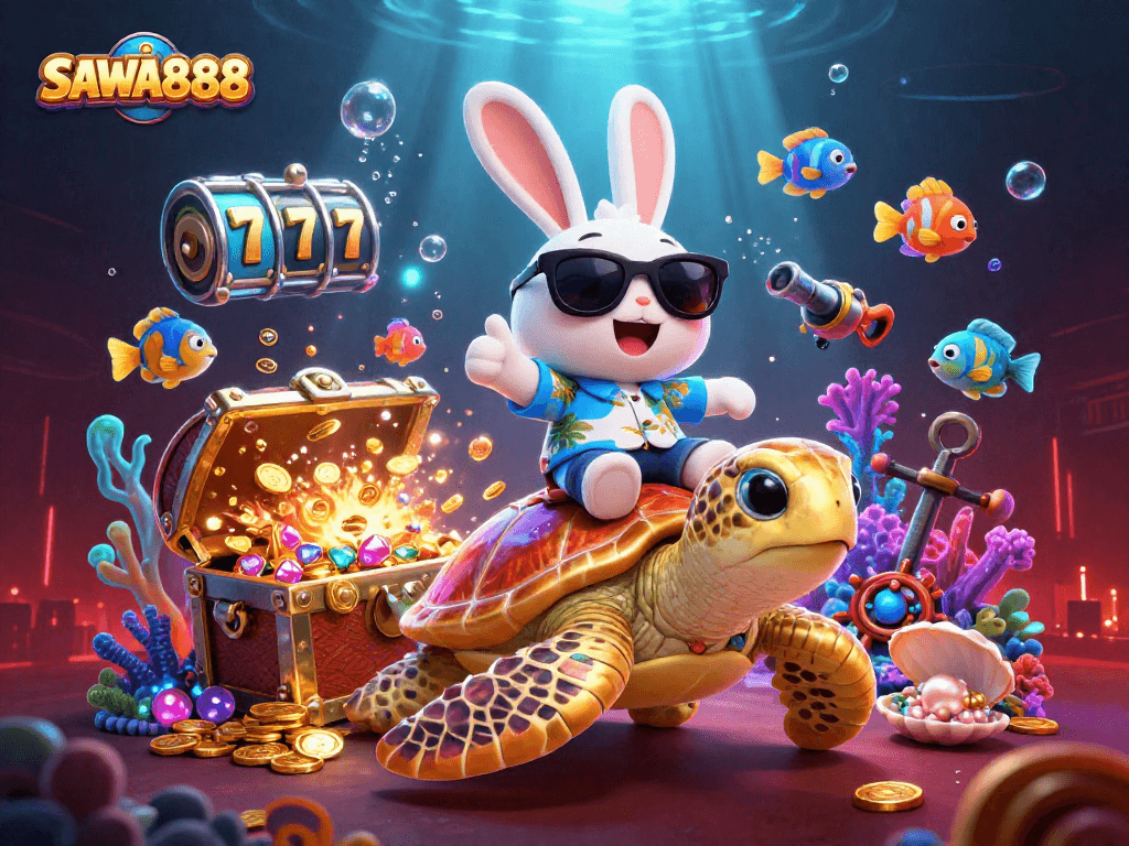 Spin to win on SAWA888 with a lucky rabbit and golden turtle surrounded by vibrant slot elements.