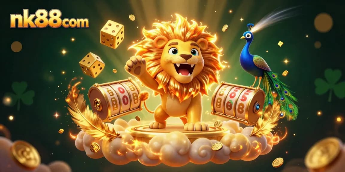 Experience the thrill of nk88com with vibrant gaming elements and a 3D lion roaring in excitement.