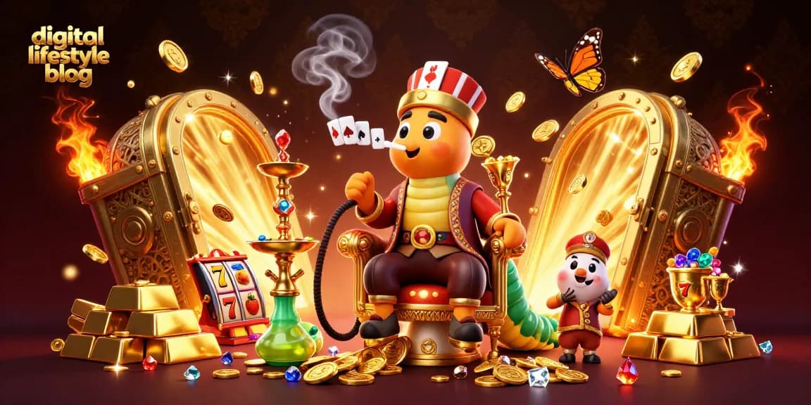 A vibrant digital lifestyle blog illustration featuring a lavish casino scene with vibrant slot games and golden treasures.