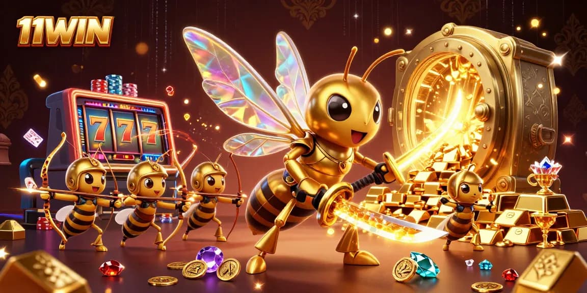Experience excitement with 11WIN as a hornet in samurai armor leads a bustling casino scene.