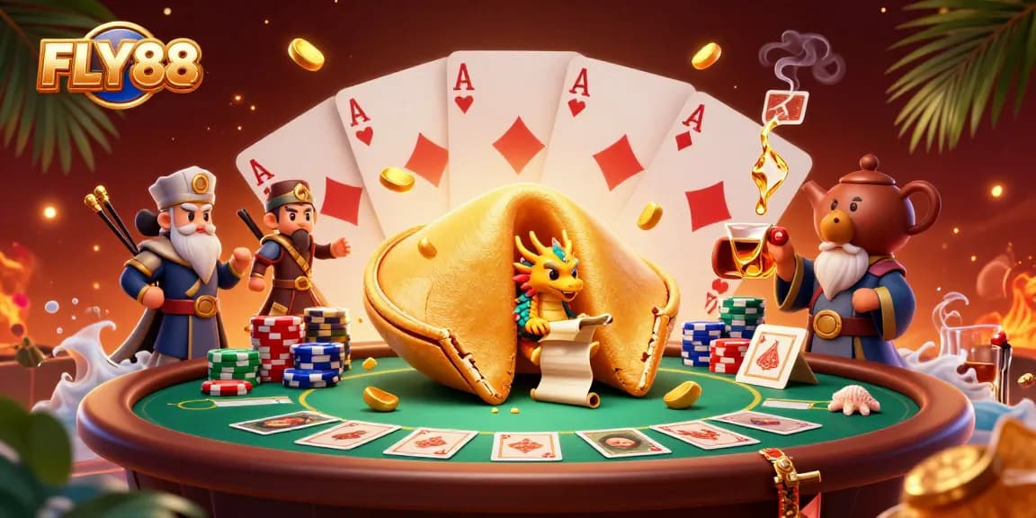 Engage in thrilling gaming action at FLY88 with dynamic poker scenes and vibrant casino elements.