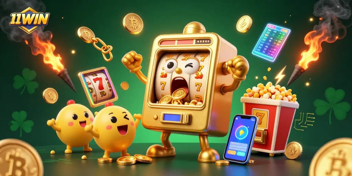 Celebrate massive wins at 11WIN with a jackpot slot machine scene filled with excitement and crypto elements.