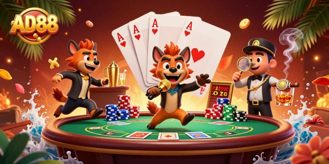 Join the fun with AD88's comic hyenas running a vibrant casino scene, perfect for players!