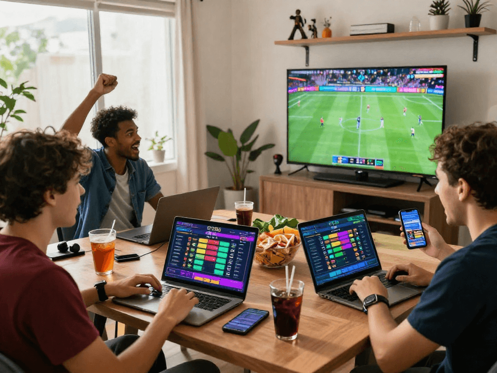 Friends enjoying live betting on CV666 with laptops and smartphones, lively atmosphere.