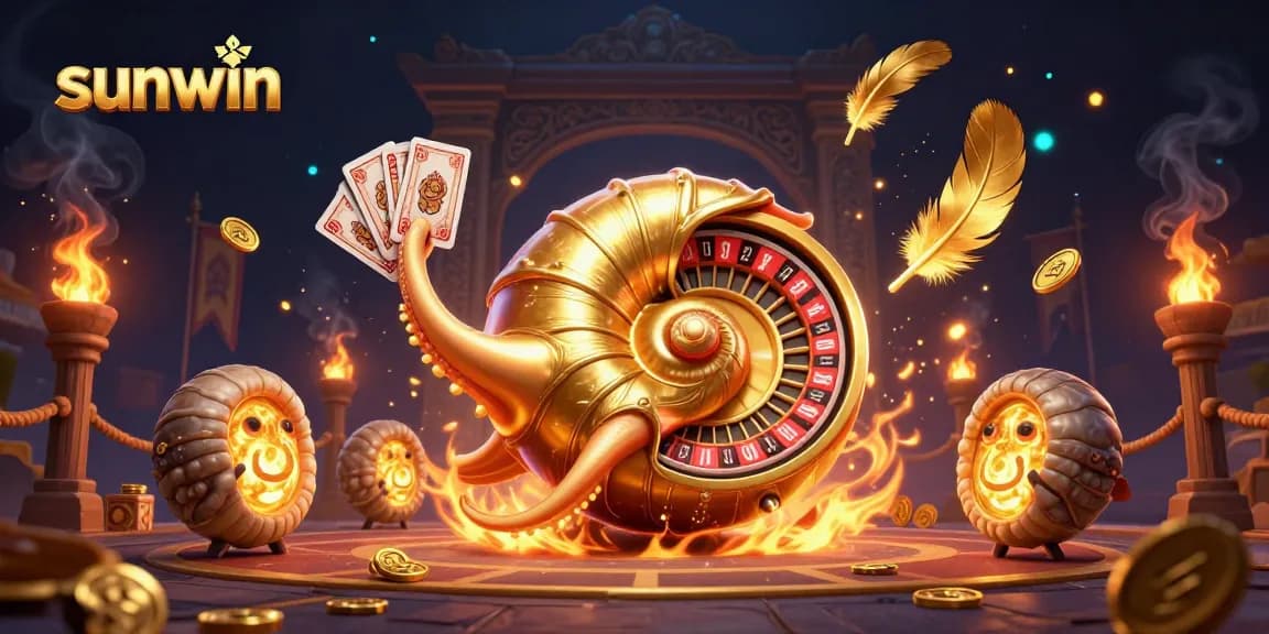 Join the excitement at sunwin with a vibrant 3D casino scene featuring a giant nautilus roulette wheel.