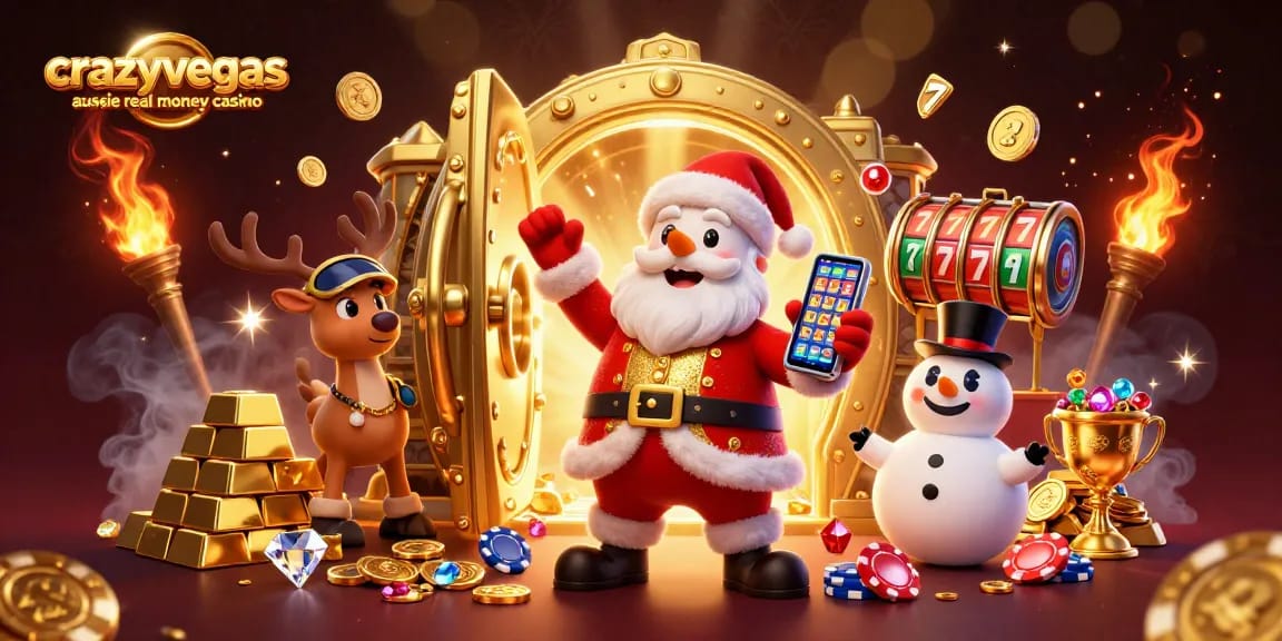 Experience jackpot excitement with crazyvegas aussie real money casino as holiday characters celebrate.