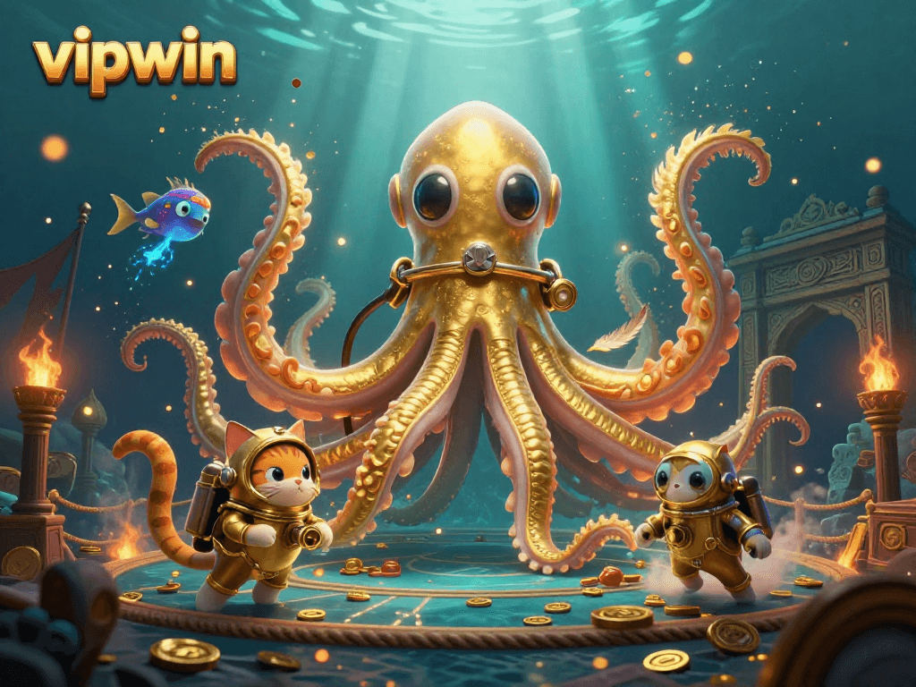 Engage in the immersive world of vipwin with 3D kraken and diving cat in an underwater casino
