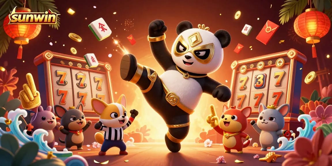 Experience the thrilling action at sunwin with a dynamic casino-themed 3D illustration featuring vibrant characters and game elements.