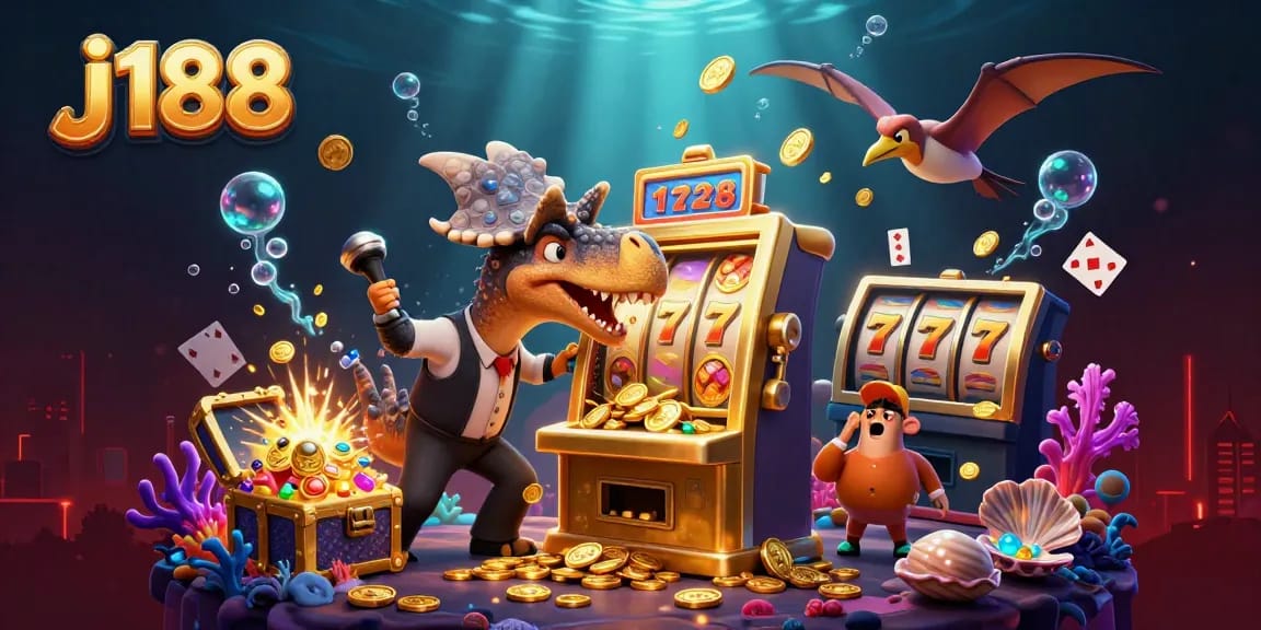 j188 casino scene with a dinosaur hitting a slot machine, vibrant colors, and exciting elements