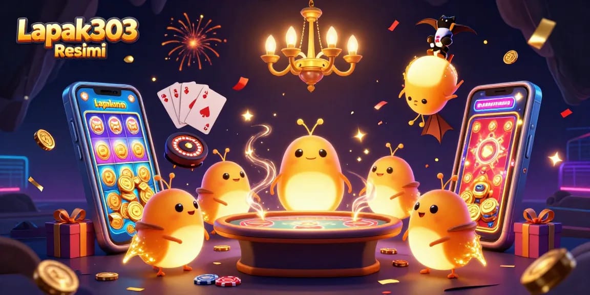 Experience thrilling gaming at Lapak303 Resmi with an exquisite illuminated casino scene featuring glowworms and vibrant slot action.