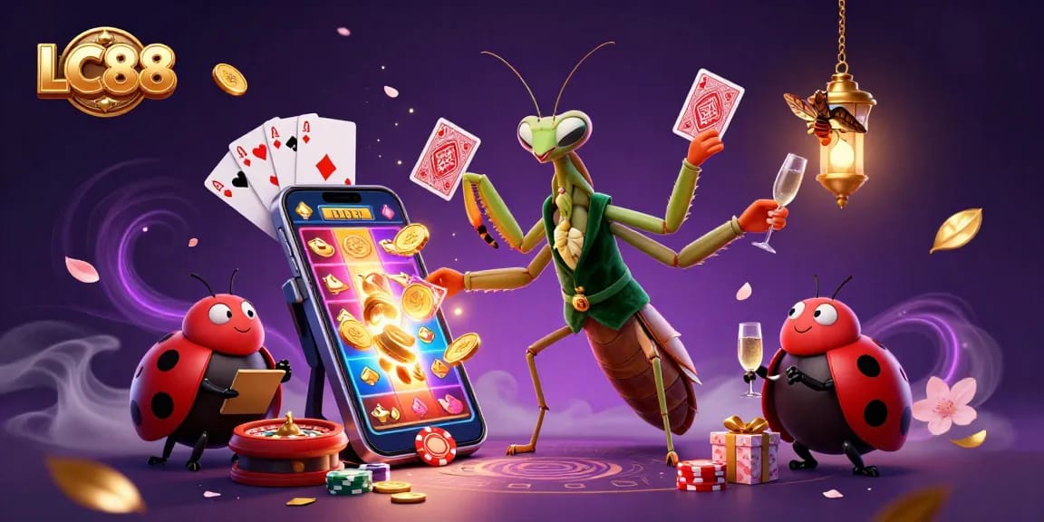 Experience the excitement of LC88 casino with a dynamic 3D scene of vibrant gambling elements.
