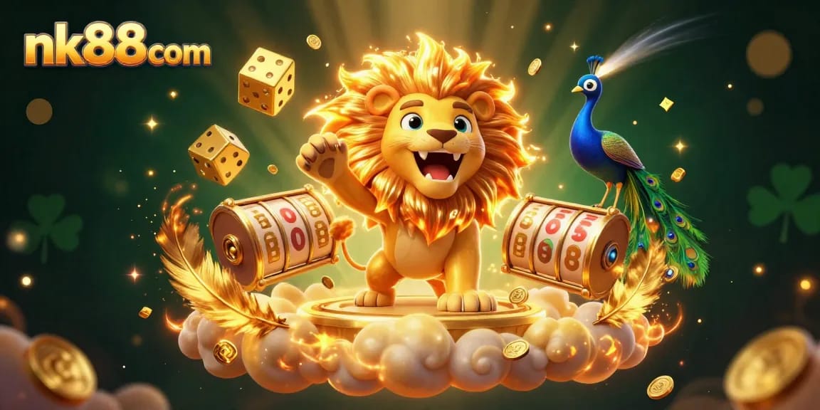 Experience the thrill of nk88com with vibrant gaming elements and a 3D lion roaring in excitement.
