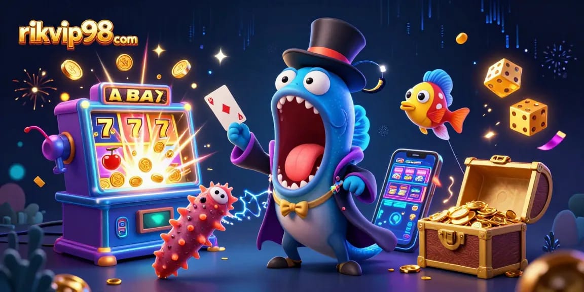 Experience the thrilling gameplay of rikvip98 com with vibrant slot machines and magical card tricks in a lively underwater scene.