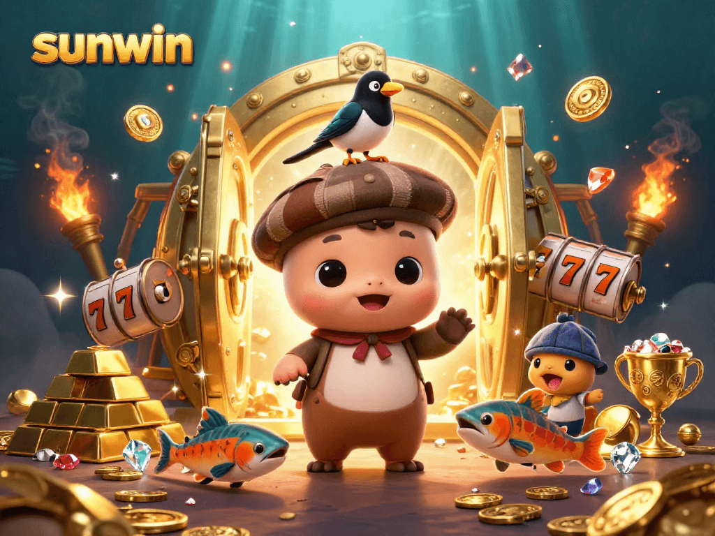 Win big with sunwin featuring a playful Nessie and gold treasures surrounded by exciting slot elements.
