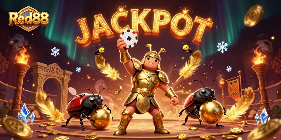 Red88 champions win with a 3D beetle victory pose amidst casino game elements.