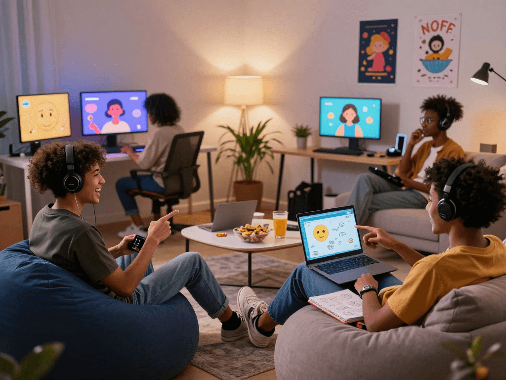 Engaging group of friends having fun with nsfw AI chat in a cozy home office, showcasing laughter and technology.