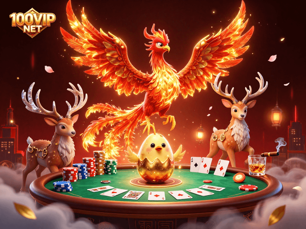 Experience thrilling gaming at 100VIP NET with vibrant visuals of poker, phoenix, and casino elements