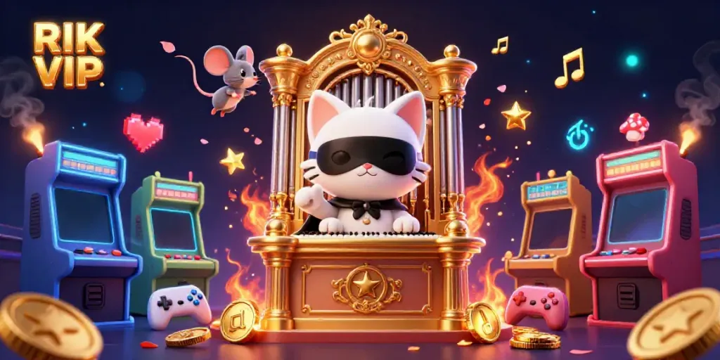 Engage with RIK VIP's vibrant casino adventure featuring whimsical characters in a bustling gaming scene.