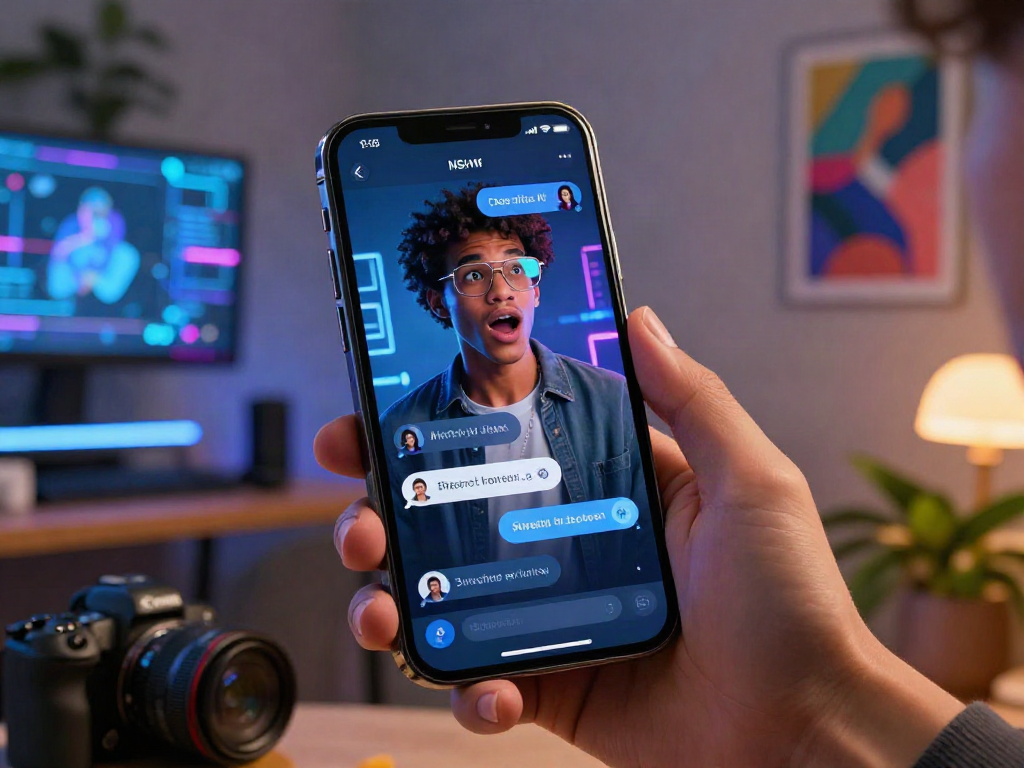 Engaging NSFW AI chat interaction on smartphone in cyberpunk setting