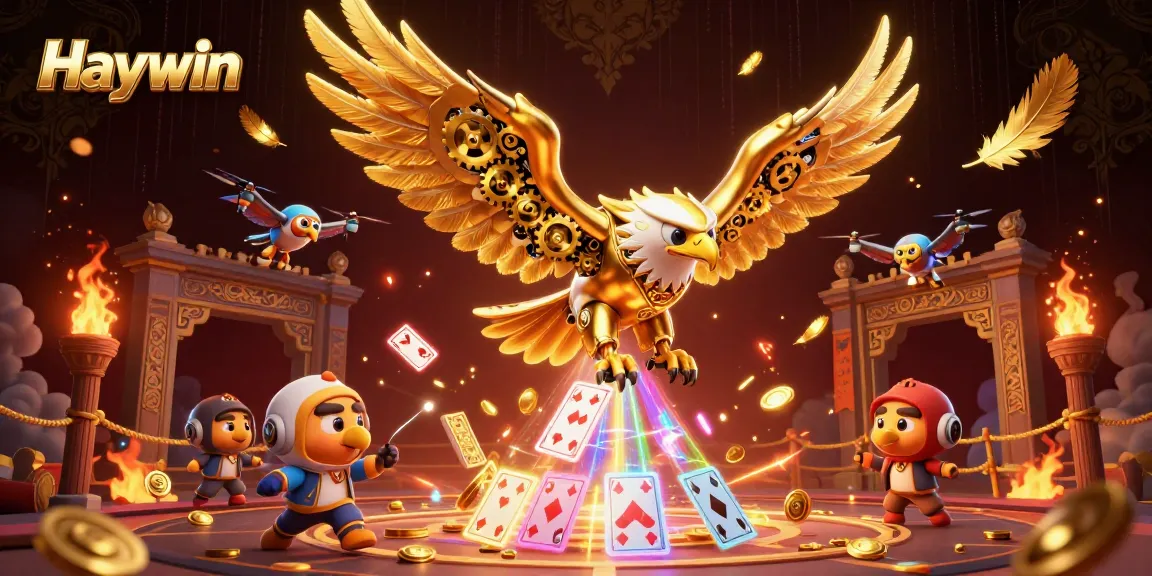 Haywin offers thrilling casino adventures as a cybernetic eagle dives through holographic cards.