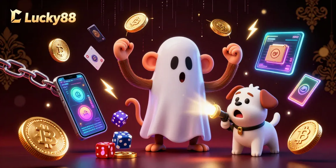 Lucky88 presents a thrilling gaming scene with a mischievous monkey and a curious puppy in a vibrant casino.