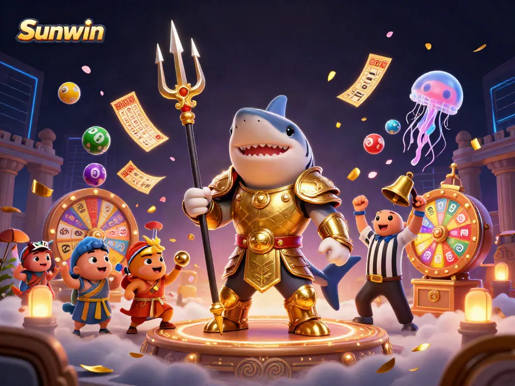 Engage in fun gambling games with Sunwin's vibrant and dynamic casino scene featuring a golden shark and lively elements.