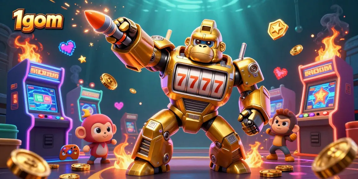 Engage in thrilling gameplay at 1gom with a dynamic 3D golden gorilla mech and colorful casino elements.
