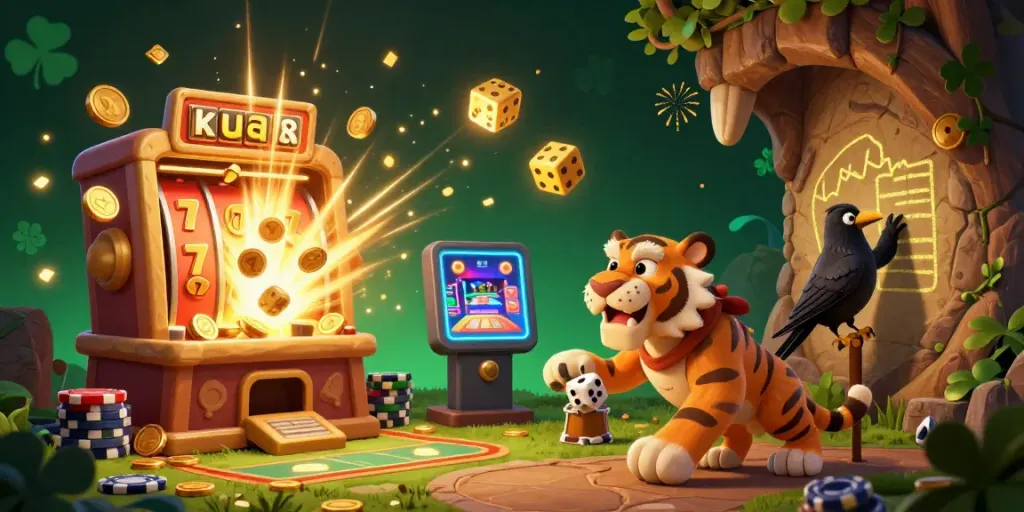 ku88 engages players with a vibrant prehistoric casino scene featuring animated characters and game elements.