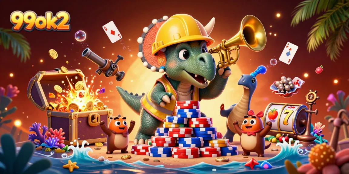 Celebrate big wins at 99ok2 with cartoon dinosaurs building a poker chip pyramid in a vibrant casino.