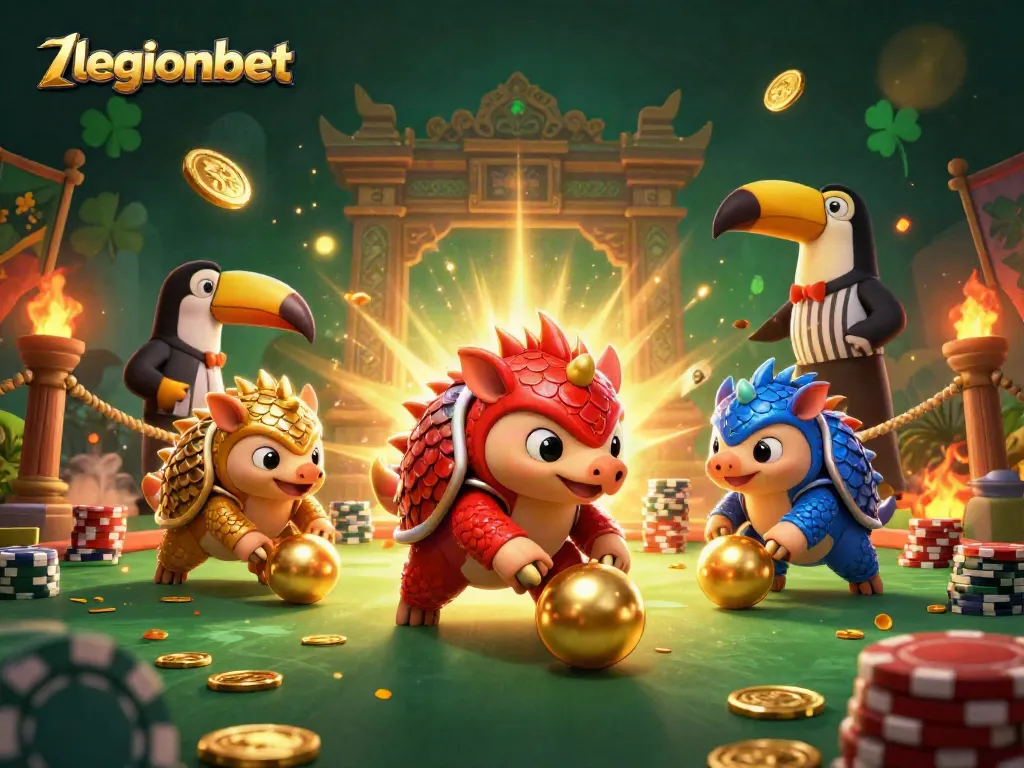 Play exciting games at LegionBet with vibrant pangolins, sparkling gold, and casino excitement.