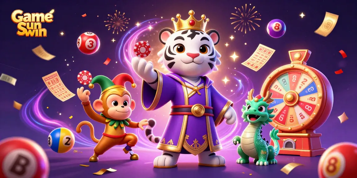 Join the excitement of Game Sun win as a majestic white tiger and a jester monkey interact amidst dynamic casino elements.