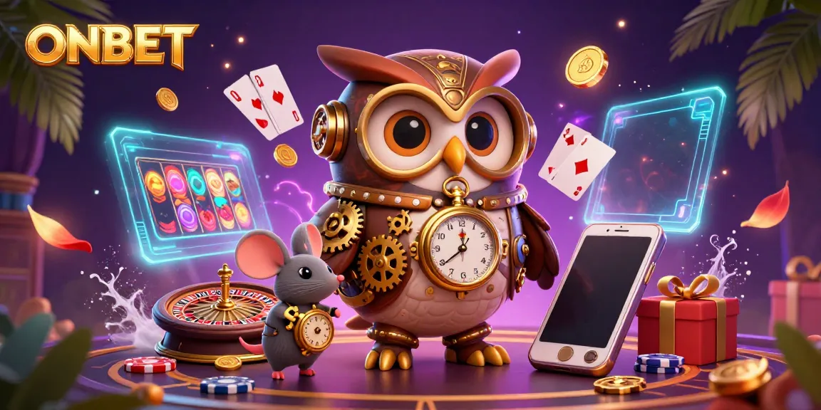 Join the adventure with ONBET in this vibrant casino-themed 3D illustration featuring a time-traveling owl and game elements.