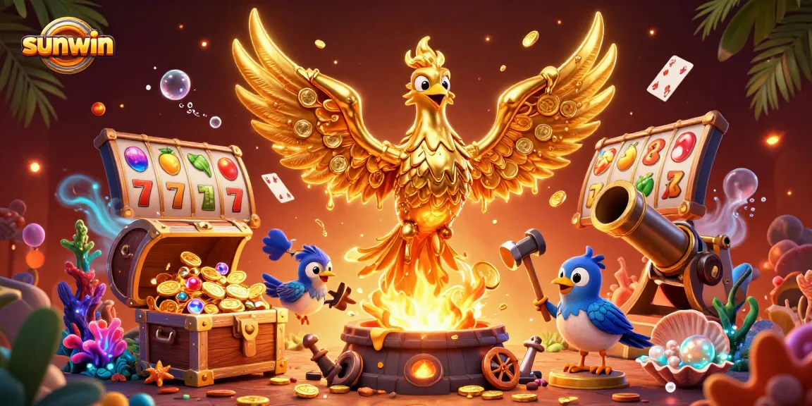 Experience the thrill of sunwin with a stunning 3D illustration featuring a molten gold phoenix and slot symbols.