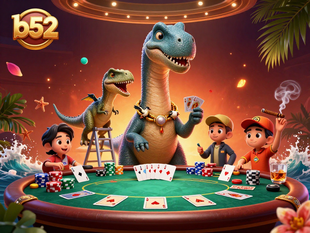 Experience the thrill of b52 with a playful casino scene featuring a giant brontosaurus and card-dealing raptor.